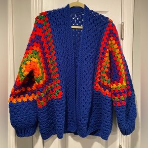 Handmade Crochet Granny Square One Size Cozy Cardigan Boho Chunky Knit Sweater